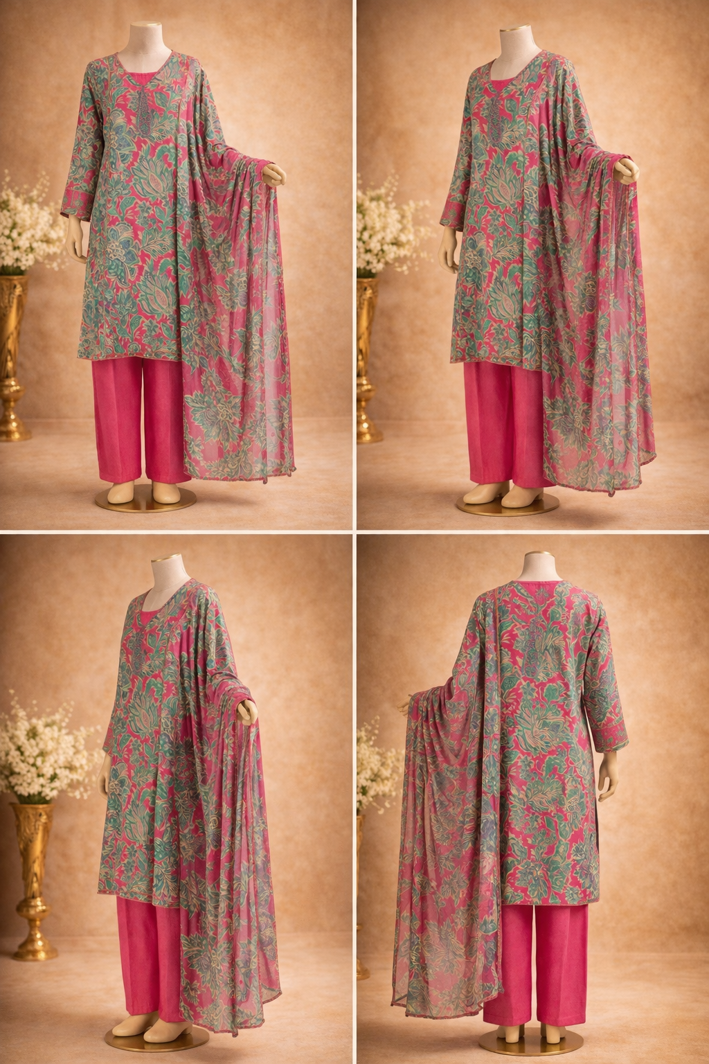 Pink Floral Muslin Cotton Suit Set