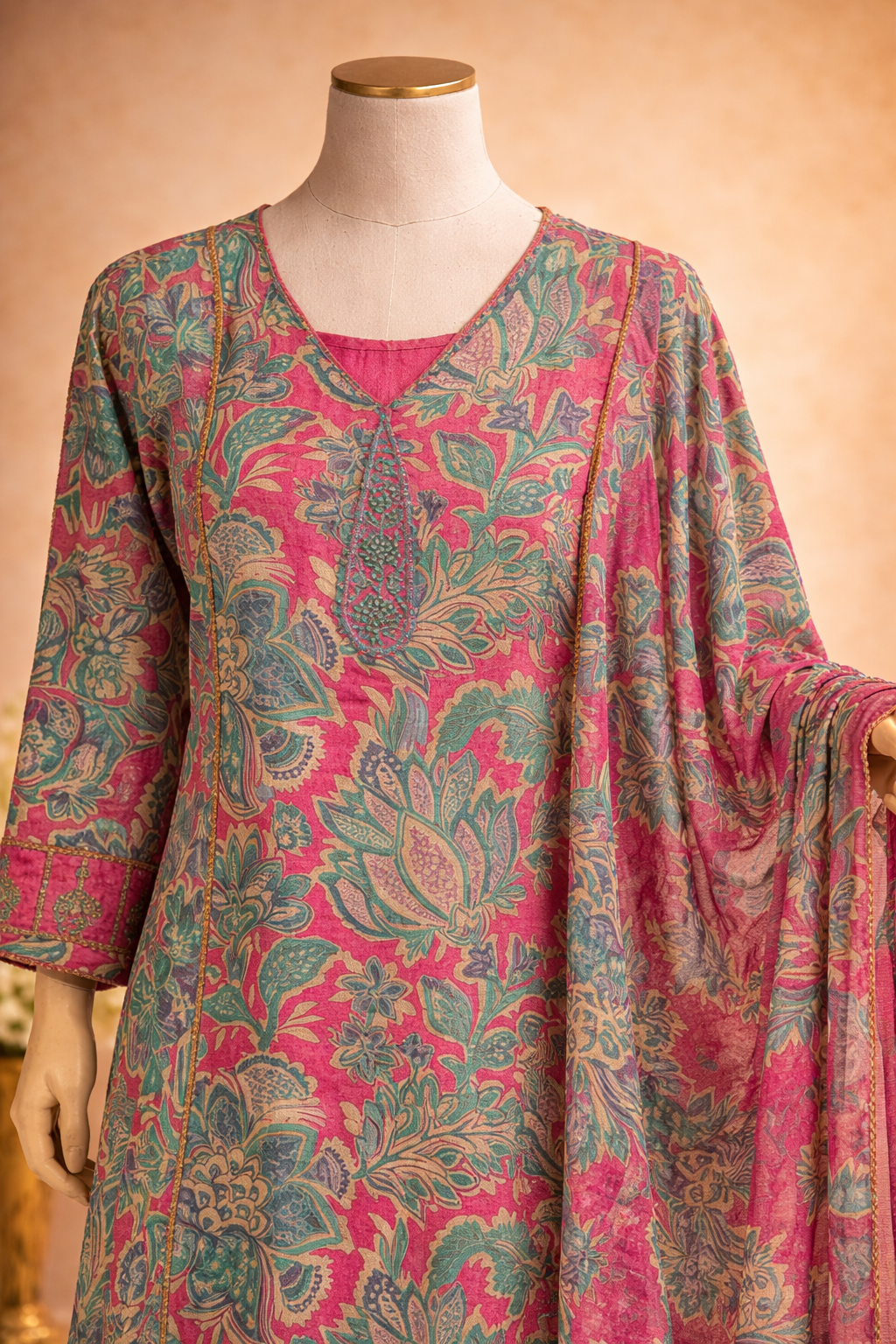 Pink Floral Muslin Cotton Suit Set