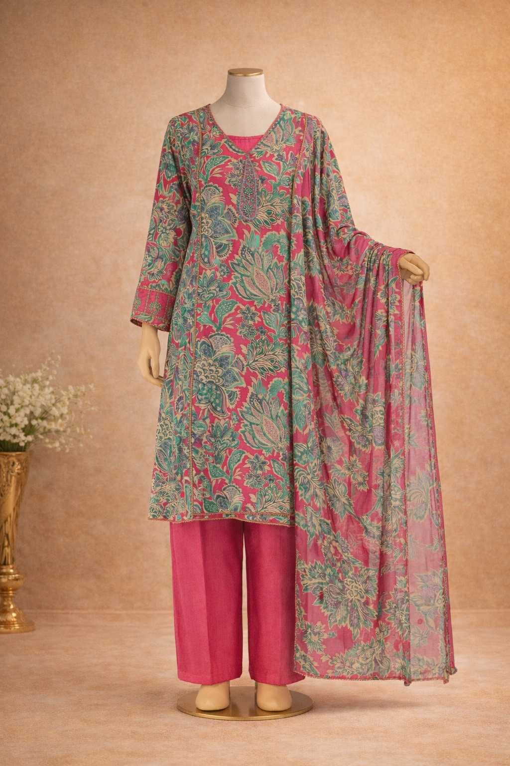 Pink Floral Muslin Cotton Suit Set