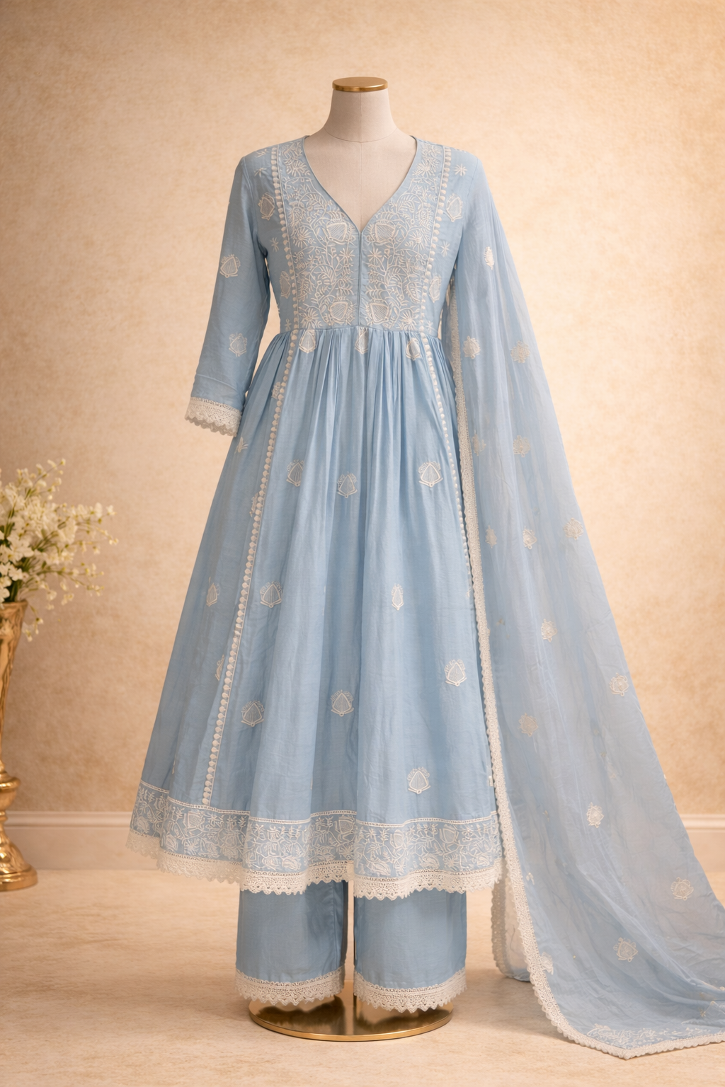Sky Blue Embroidered Anarkali Set